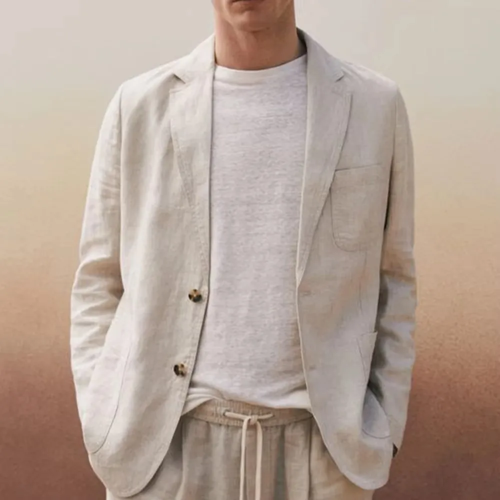 

Beige/White Linen Men's Suit Jackets Thin Male Dress Blazer Two Buttons Jacket Handsome Casual Summer Suits Coat Tops