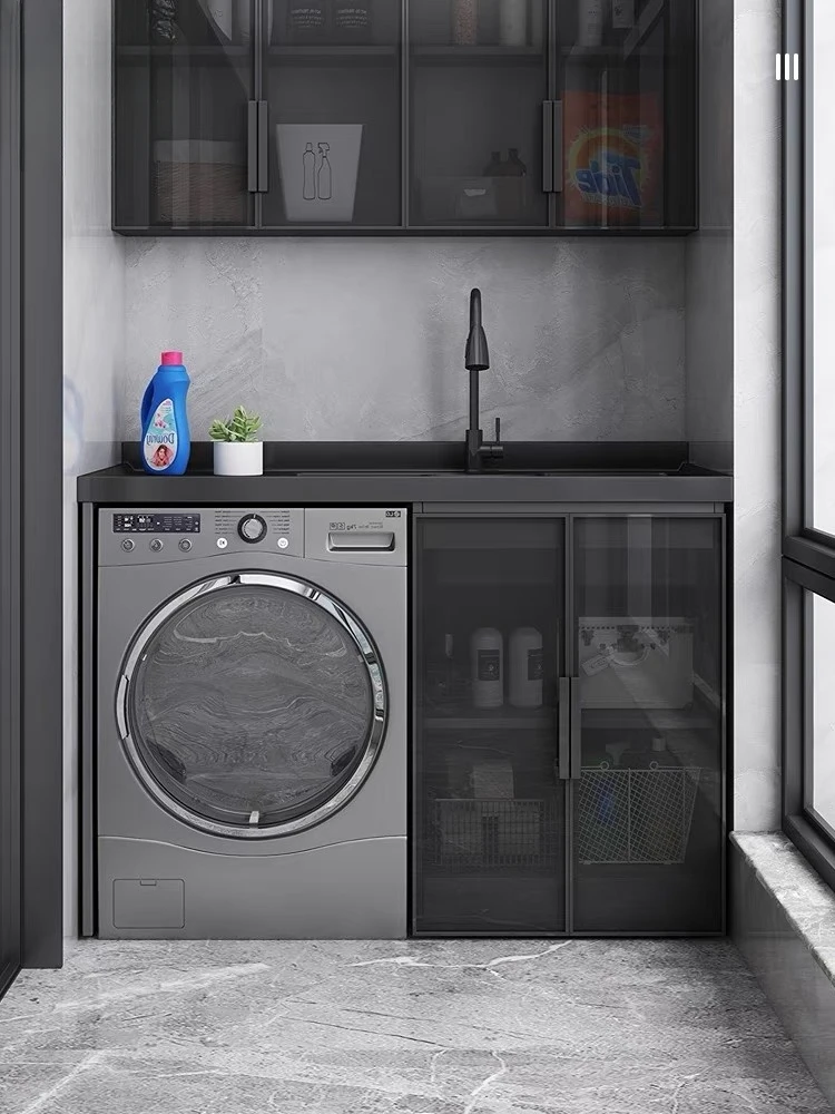 MJY black frame glass balcony washing machine integrated cabinet combination significant other cabinet with washboard