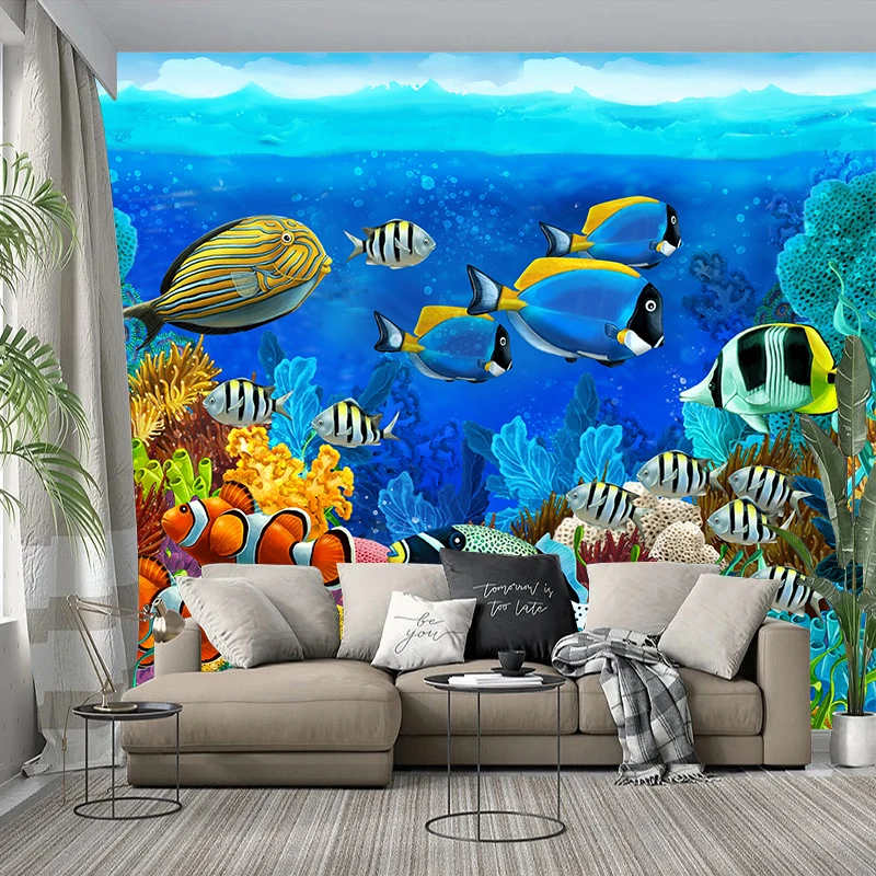 Custom 3D Cartoon Mural Wallpaper For Kids Room Wall Paper Underwater World Fish Coral And Aquatic Plants Home Decoration Fresco