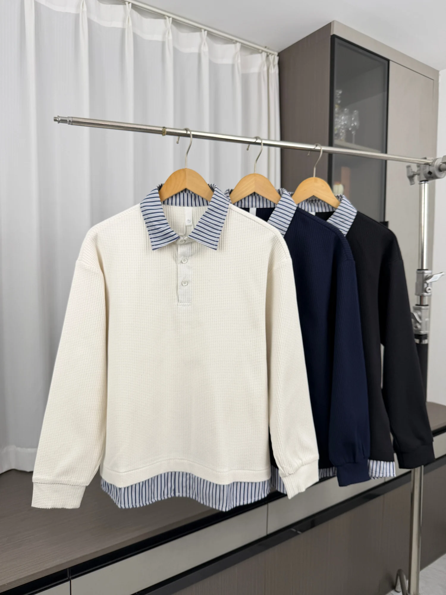 American Style Shirt Collar Sweatshirt Men's Breathable Color Block Striped Patchwork Autumn Season Casual Comfortable Hoodie