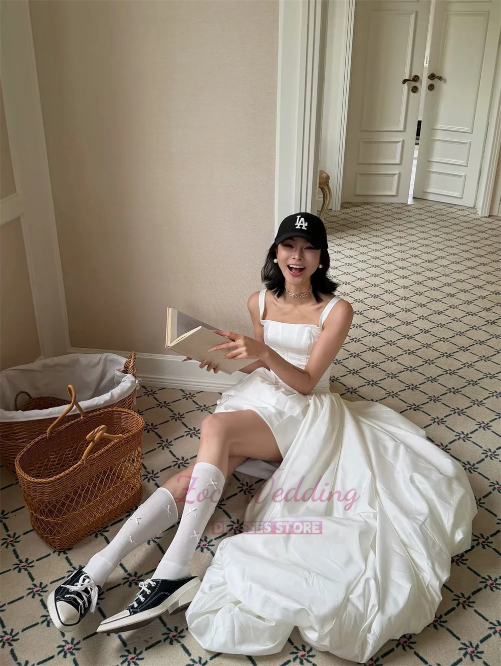 Zoci Square Collar Long A Line Korea Wedding Dresses Photos Shoot Bride Gown High Low Taffeta Bride Recepetion Dress Customized