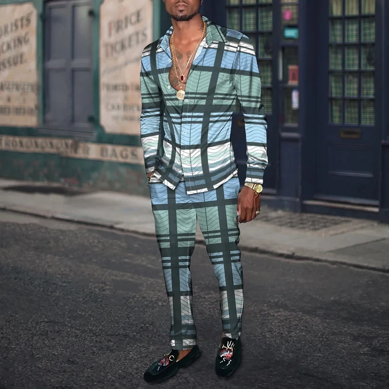 

Мужские костюмы-рубашки с 3D принтом в стиле ретро, клетчатые полоски, модные мужские наклейки, дышащая мужская рубашка с длинным рукавом, длинные брюки, комплект из 2 предметов