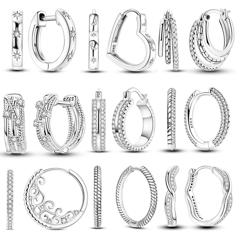 Charms Double Hoop Earrings For Women 100% 925 Silver Cubic Zircon Heart Star Moon Earrings Elegant Birthday Jewelry Gifts