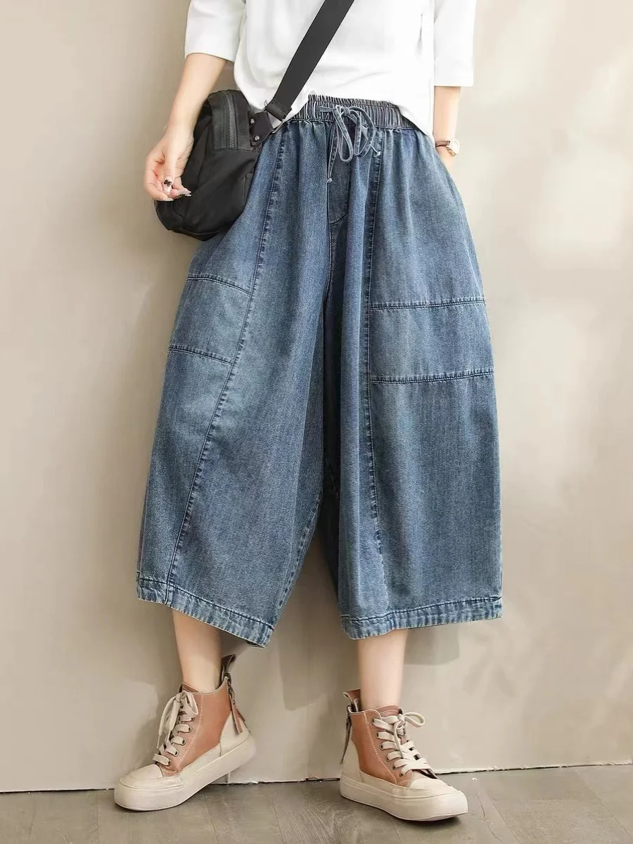 

Женские джинсы с широкими штанинами и эластичным поясом, свободного кроя, однотонные, летние, с высокой талией, синие, укороченные, стройнящие