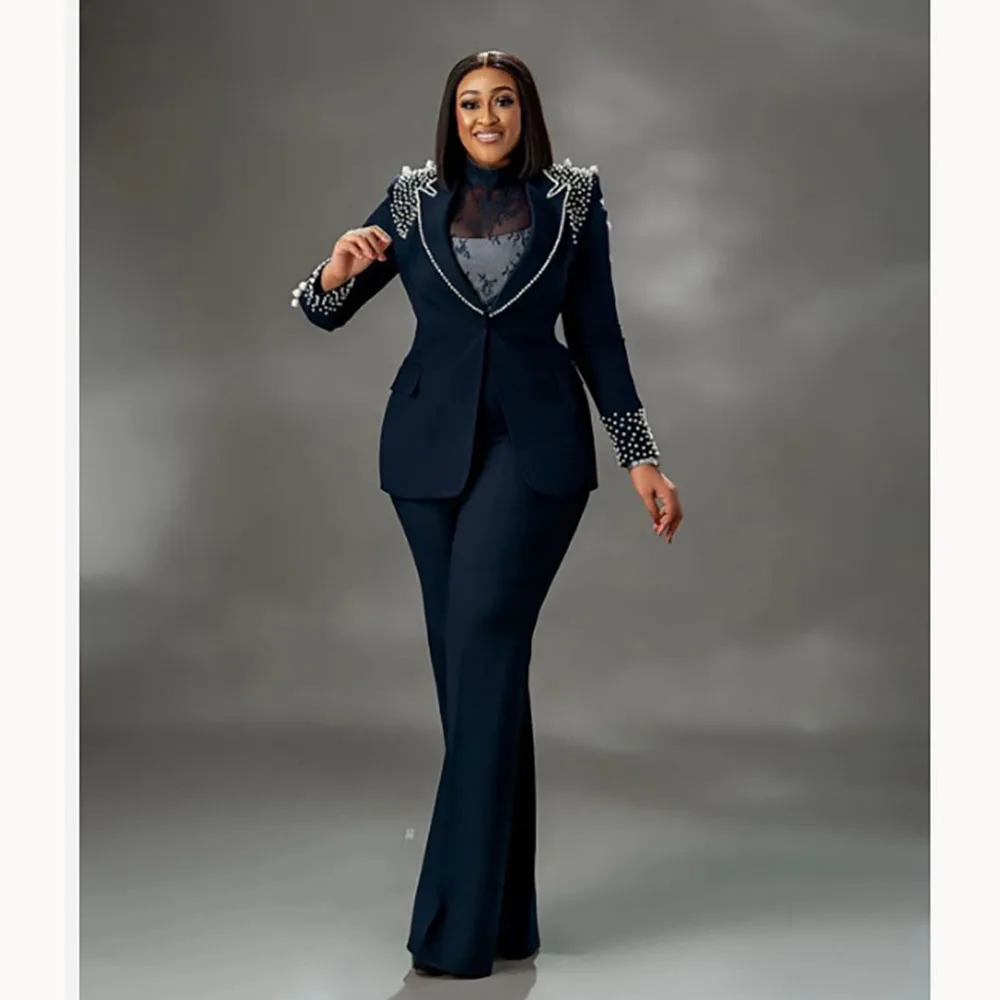 Fashion Women's Suits Plus Size Navy Blue Single-breasted Peak Lapel Two Pieces (Jacket+Pants) Beaded Party Prom Business Set