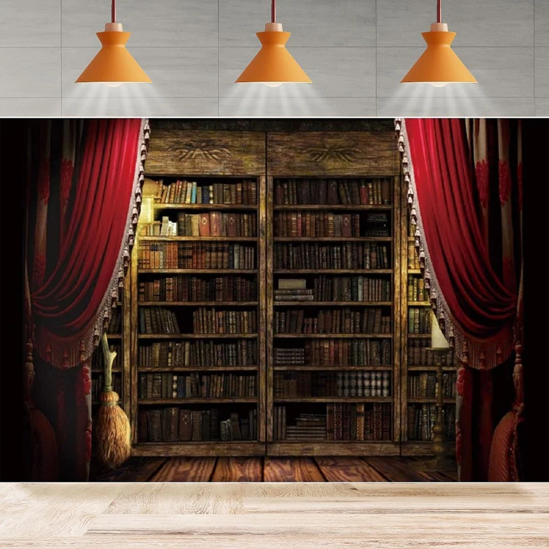 Retro Bookshelf Photography Backdrop Red Curtains Wooden Floor Old Library Bookstore Background Back To School Graduation Banner