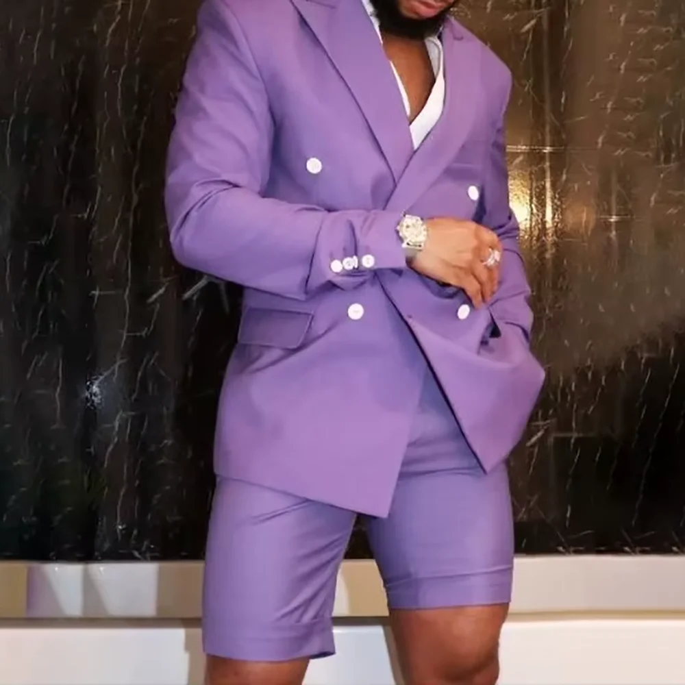 

Purple Suits For Men Set 2 Pieces Chic Double Breasted Peak Lapel Office Evening Party Prom Tailor-Made Jacket With Short Pants