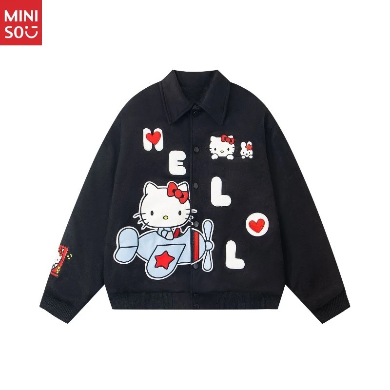 

Miniso 2025 New Winter American Retro Cartoon Embroidery Jacket Unisex Loose Fit Casual Lapel Cotton Padded Coat