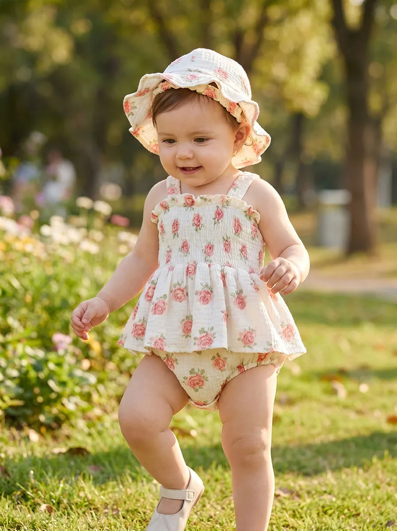Baby Summer Bodysuit 3-18M Cute Flower Thin Girls Clothes Ventilate Toddler One Piece Infant Straps Jumpsuit +Hat