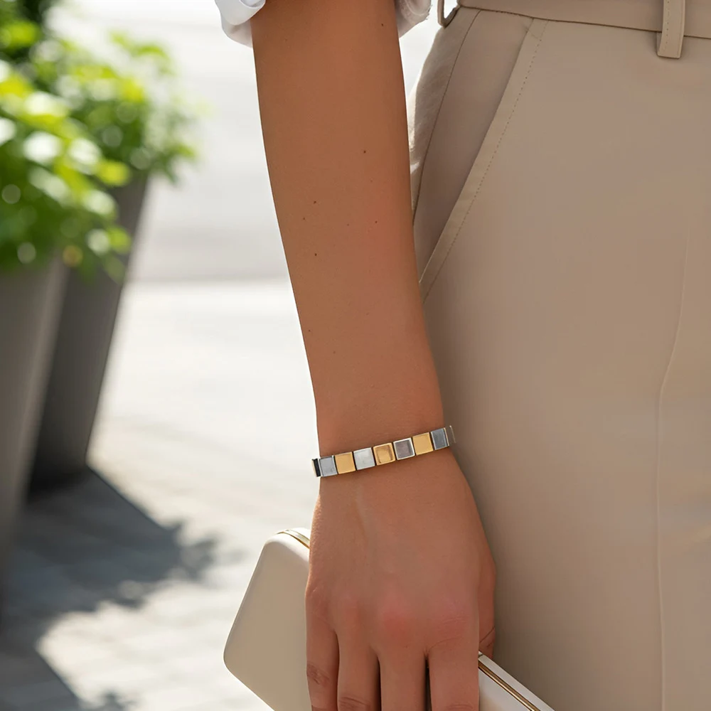 Minimalist Square Metal Beaded Bracelet for Women and Men Elastic Bangle Stackable Geometric Fashion Daily Jewelry