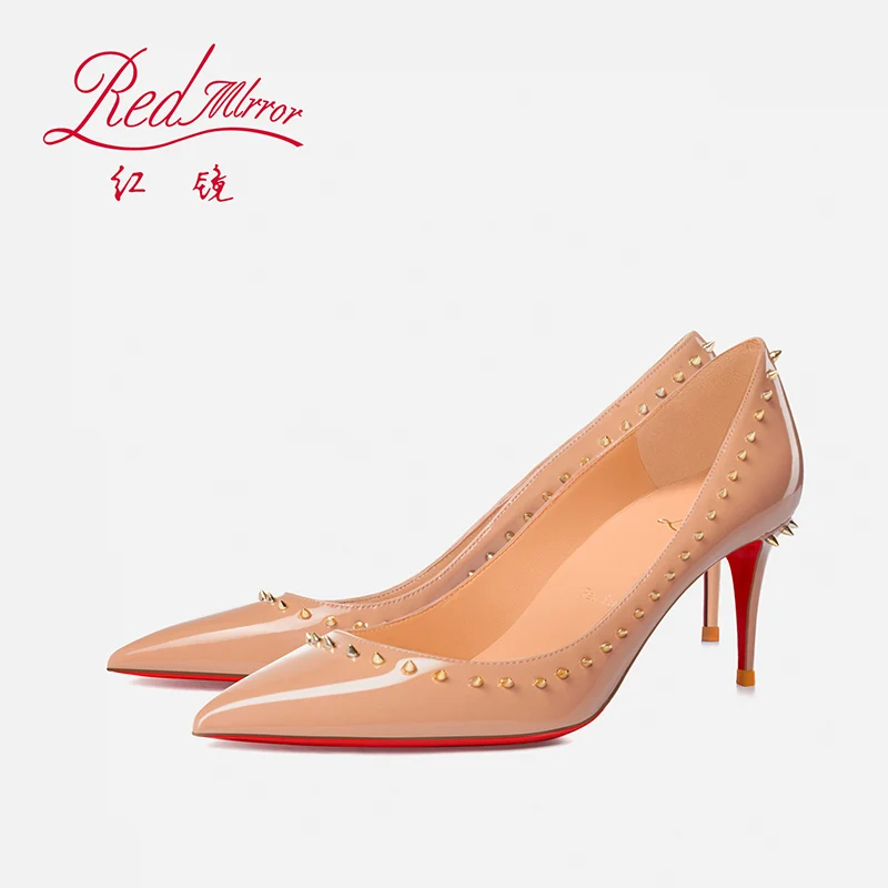 Women's Luxury Heeled Shoes Red Shiny Bottoms Pointed Toe Pumps Naked color Rivets Thin High Heels Elegant Fashion Women Shoes