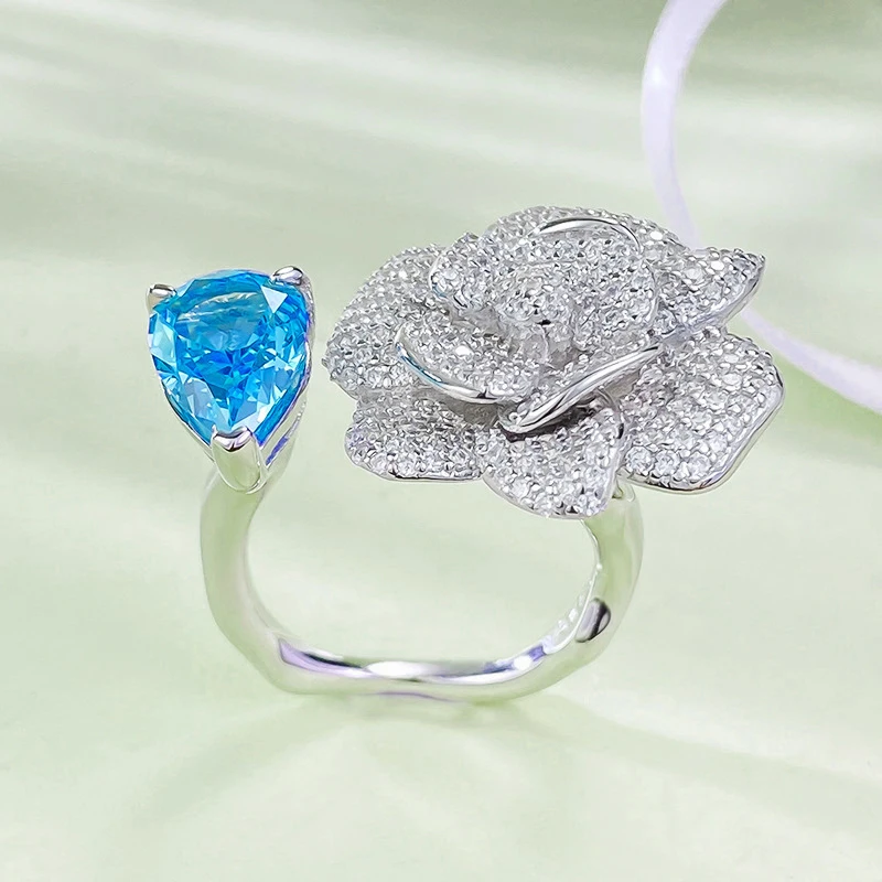 New gold-plated copper camellia open ring925Silver inlay7*10Sea blue rings wholesale