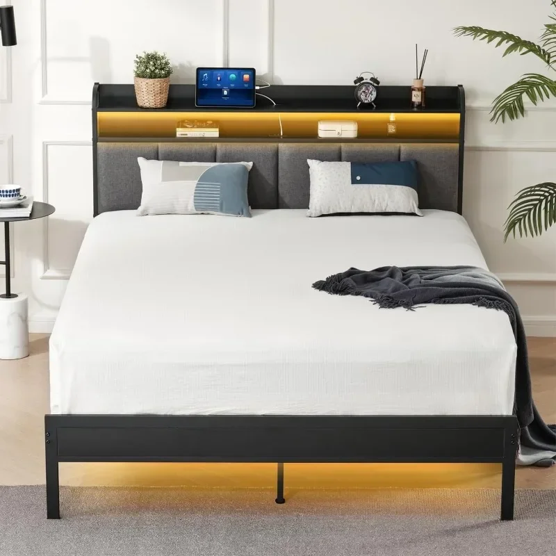 Kingsize metalen hybride bedframe, modern zwart platformbed met opbergplanken en oplaadpoort