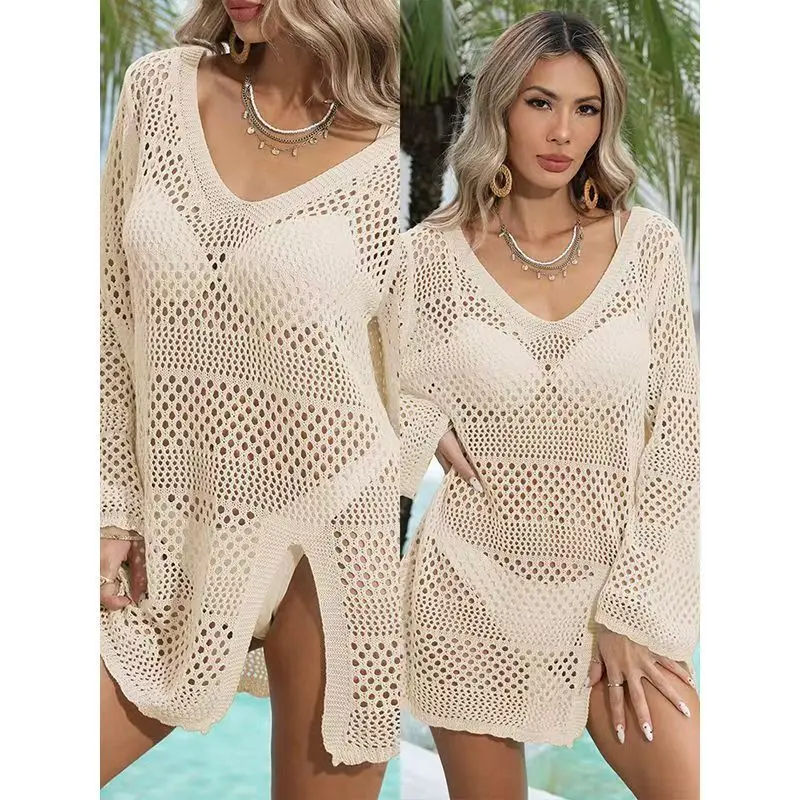 فستان شفاف للحماية من الشمس للنساء 2024 - سترة شاطئ بوهو بأكمام طويلة من الدانتيل الكروشيه مع رقبة على شكل V