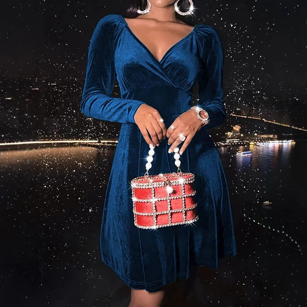 

Women Elegant Velvet Evening Dress Solid Deep V-Neck Long Sleeve Mini Party Dress For Female Slim Fit Cocktail Prom Dresses Gown