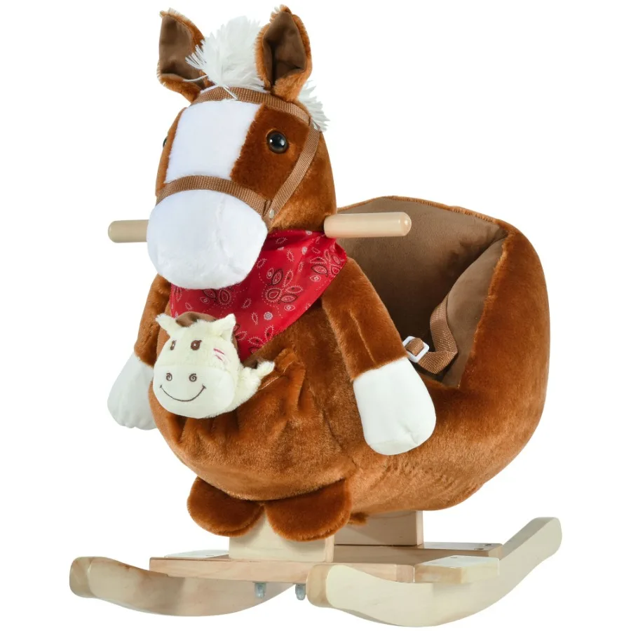 Qaba RideOn Rocking Horse Toy Rocker with Lullaby Song Hand Puppets Soft Plush Fabric for 1836 Months Brown
