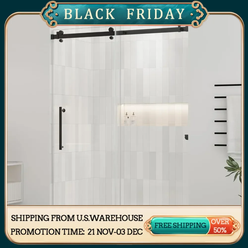 Frameless Shower Door, Water Repellent Black Shower Door with Clear Tempered Glass, Easy Sliding Showe Door with Explosion