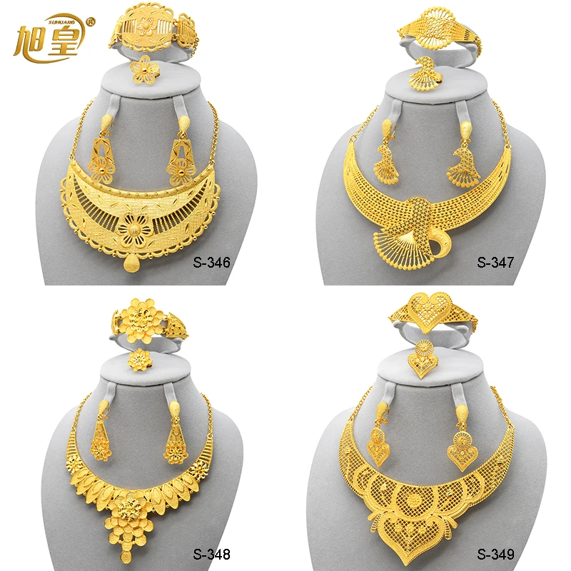 XUHUANG Dubai Gold Plated Necklace Bracelets Jewellery Set Nigerian Bridal Wedding Accessories Women African 2022 Jewelry Gifts