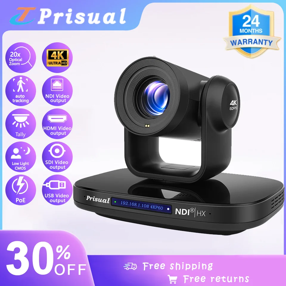 

Prisual 4K NDI PTZ Camera 20X Optical Zoom AI Auto Tracking with PoE HDMI/SDI/USB/IP 60fps Live Streaming