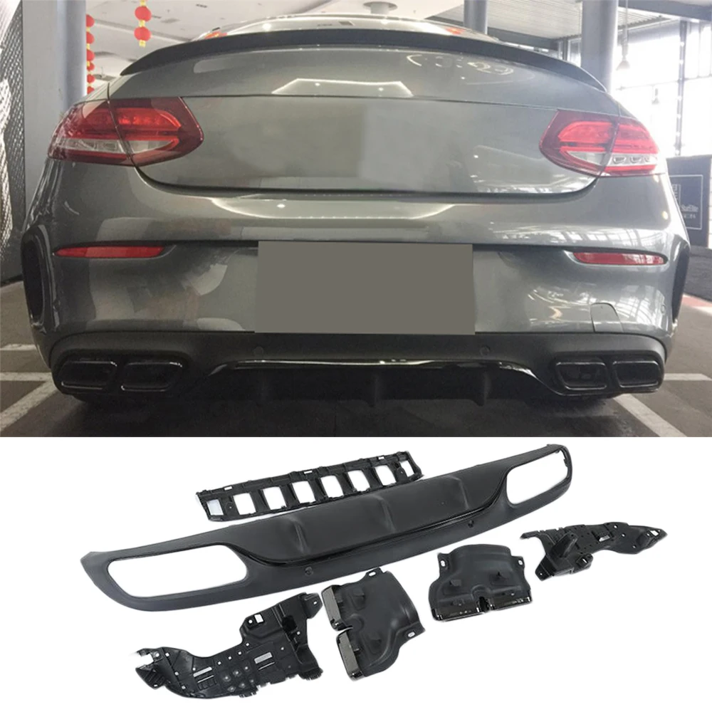 Car Rear Bumper Diffuser with exhaust tips for Mercedes Benz C205 Coupe C200 C300 C43 AMG to C63 AMG 2014-2019 Rear Apron Lip