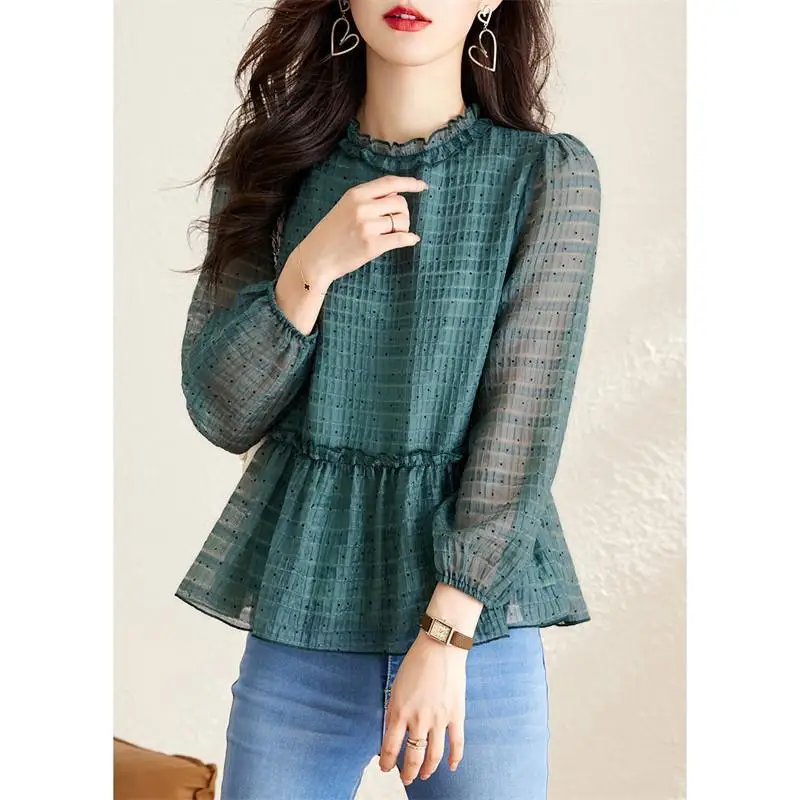 Simple Chic Green Ruffle Long Sleeve Elegant Fashion Top Blouse Women Spring Print Office Lady Casual Shirts Blusas Clothing2023