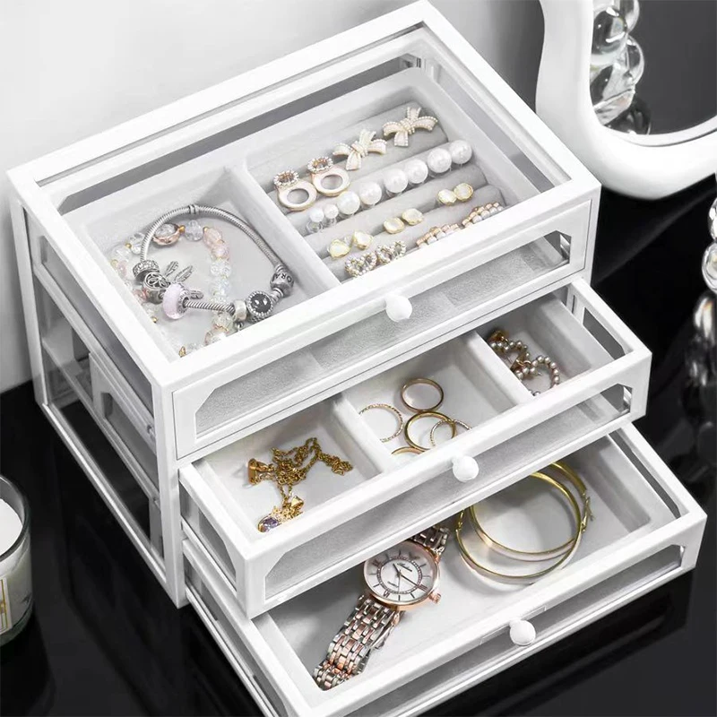 

Acrylic Velvet Jewelry Organizer With 3 Layers Stackable Display Storage Earrings Necklace Bracelets Box Holder Case For Women