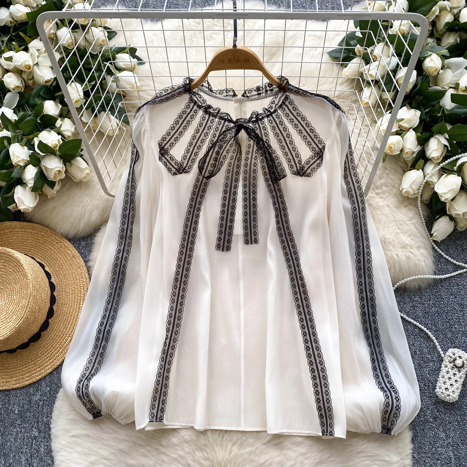 Elegant lace mesh Pleated Blouse Chic Vintage O Neck Fashion Top Women Spring Autumn Birthday Party Shirts Y2k