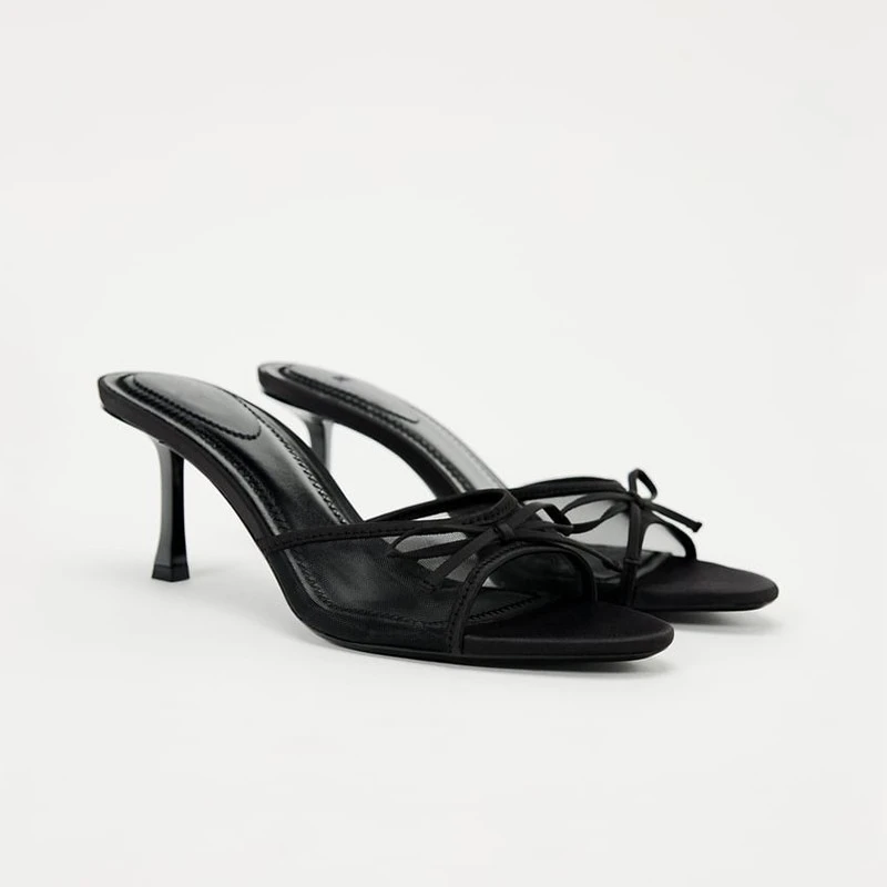 2026 Neue Sommer Luxusmarke High-Heel-Sandalen Vielseitige Mesh Atmungsaktive Schlichte Schleife Dünne Absatz-Sandalen Pantoletten
