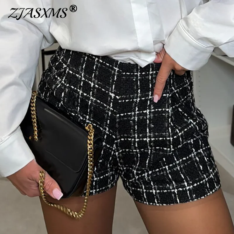 

Винтажные твидовые шорты в клетку для женщин, весна 2026, с высокой талией, А-силуэт, приталенные, летние повседневные офисные шорты в стиле Харадзюку