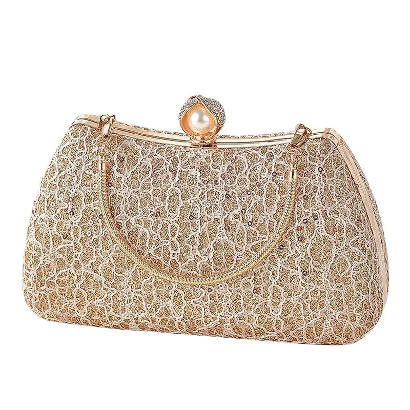 

Simple Fashionable Lace Sequin Clutch Bag Antique Style Ladies Golded Handbag Crossbody Chain Fromal Party Women's Evening Bag