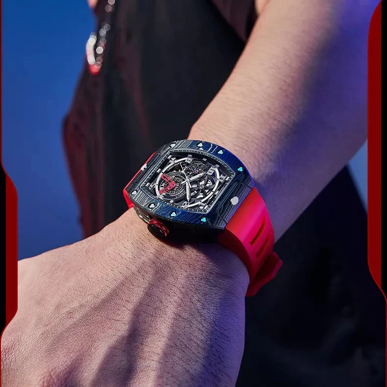 HANBORO 남자 자동 시계 토노 탄소 섬유 케이스 기계식 손목 시계 5Bar 빛나는 해골 다이얼 사파이어 미러