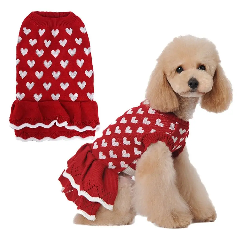 Round-neck Dog Heart Sweater Dress Wear-resistant Warm Heart Pattern Pet Sweater Breathable Stretchable Dog Cat Sweater Dress