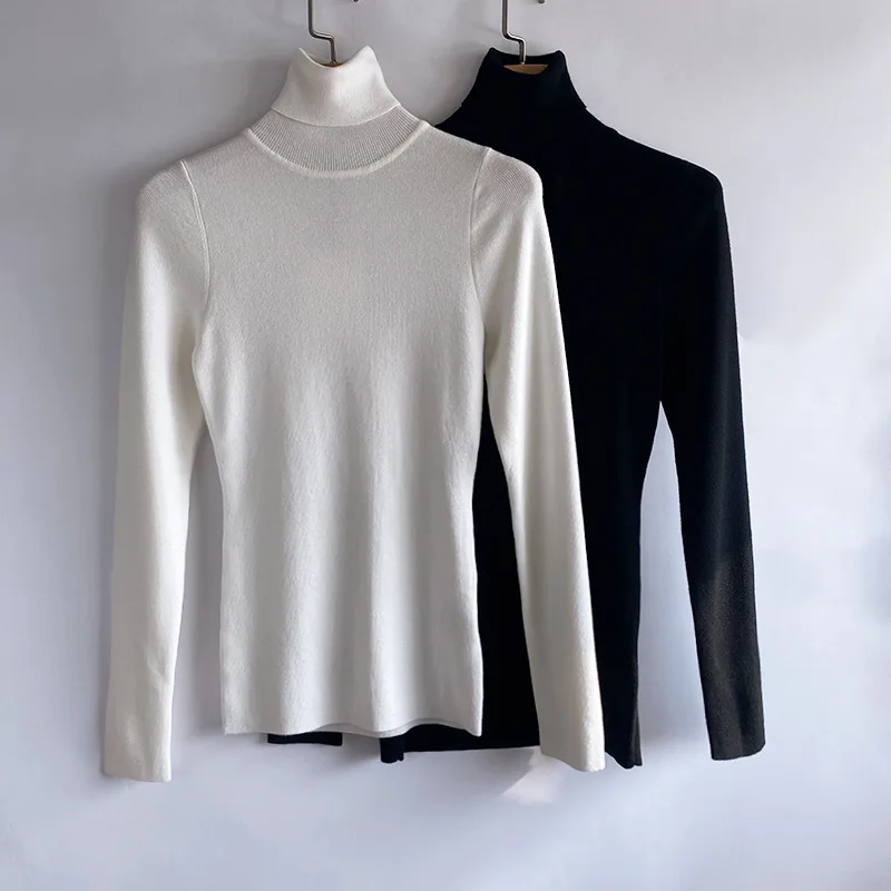 Women'S Wool Turtleneck Sweater Long Sleeve Slim Fit All-Match White Bottoming Shirt