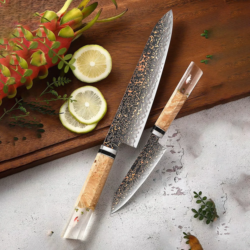 

Кухонный нож шеф-повара из 37-слойной трехцветной дамасской стали 10Cr15CoMoV с рукояткой из смолы и дерева, универсальный тесак для нарезки