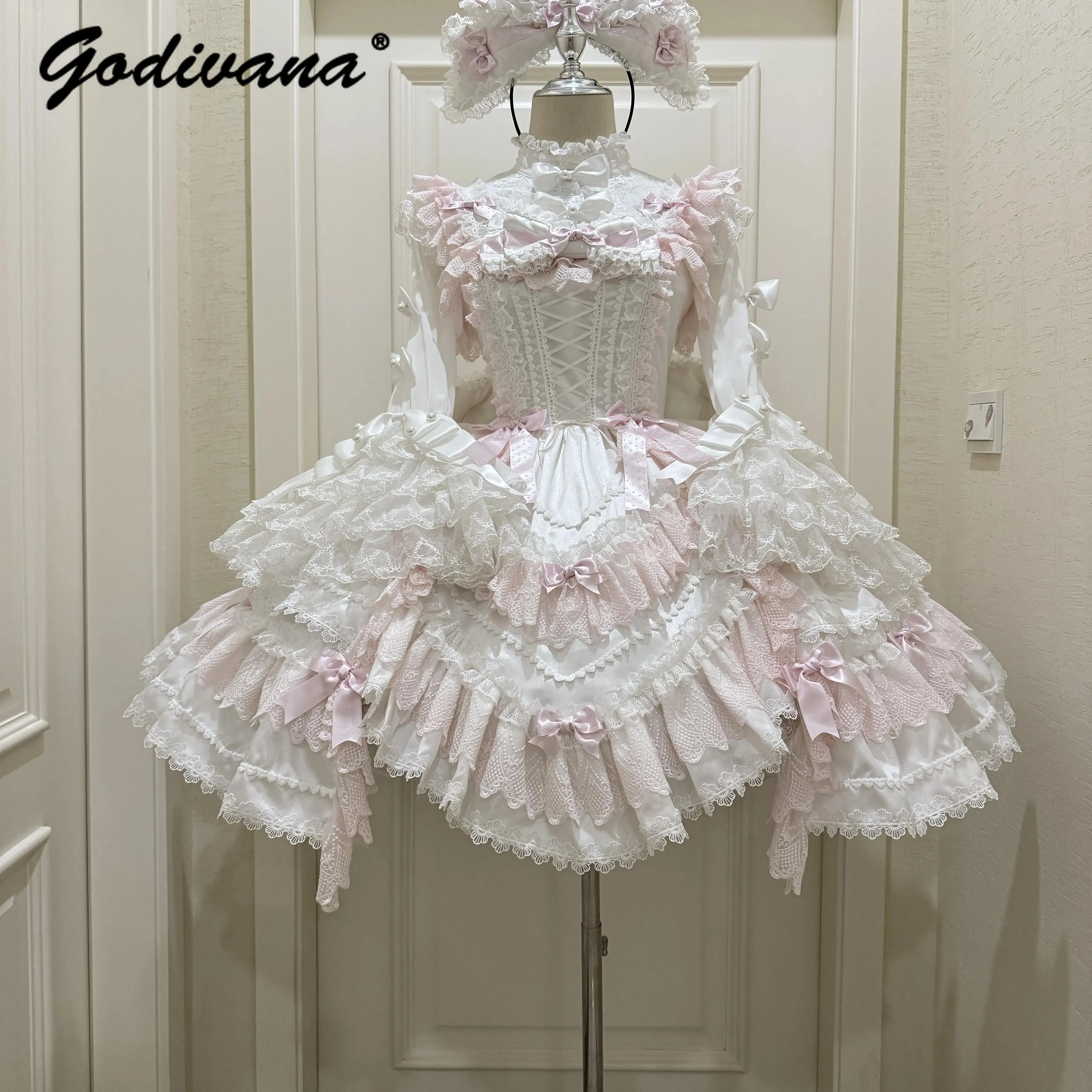 オリジナルロリータプリンセスドレス春と秋の新作スタンドカラー女の子女性の妖精レーススプライスフラワーウェディングドレス