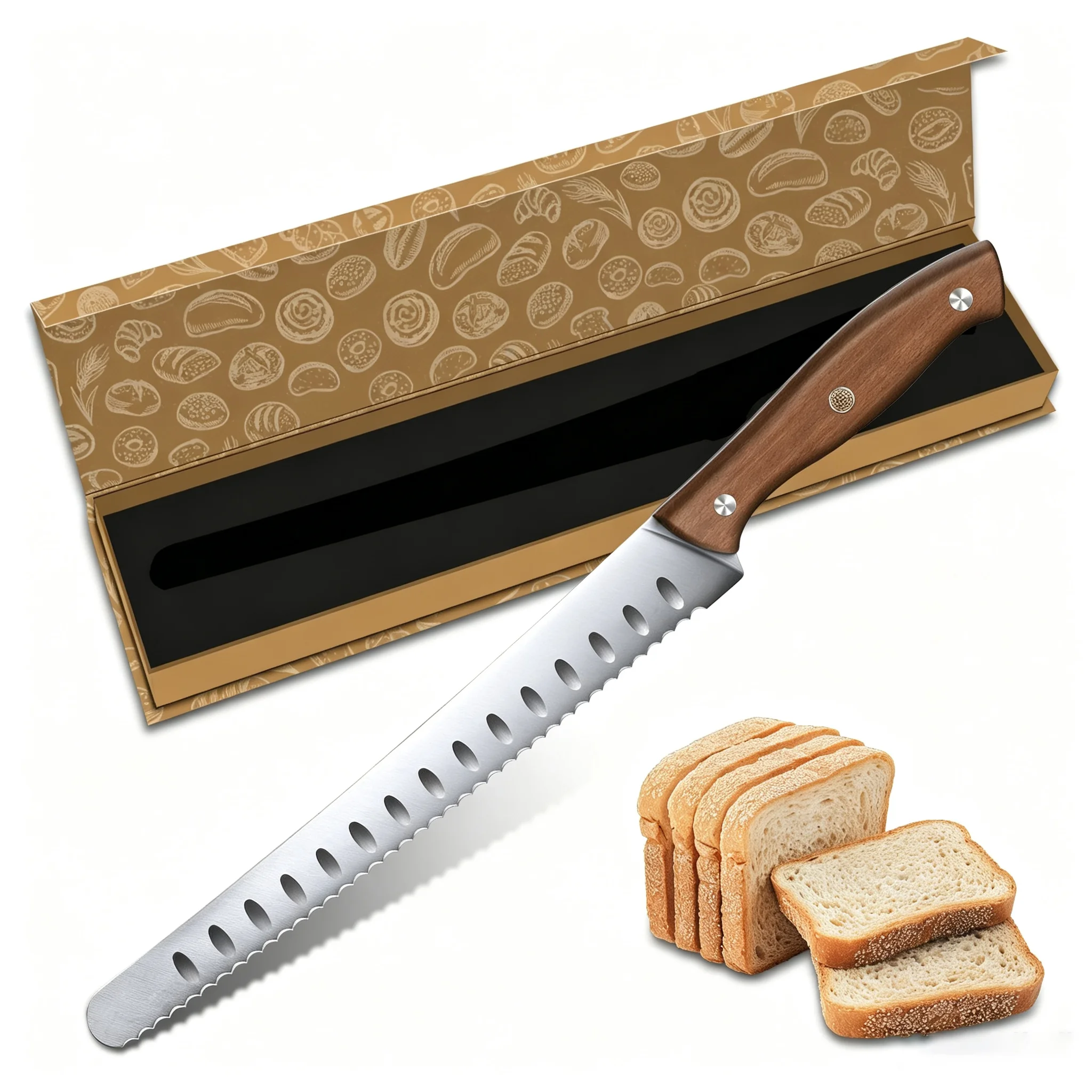 8" Professionelles Brotmesser, mit Geschenkbox, Damaststahl Scharfer Kuchen- und Brotschneider, Küchenmesser für Köche und Backen, Ergonomischer Holzgriff