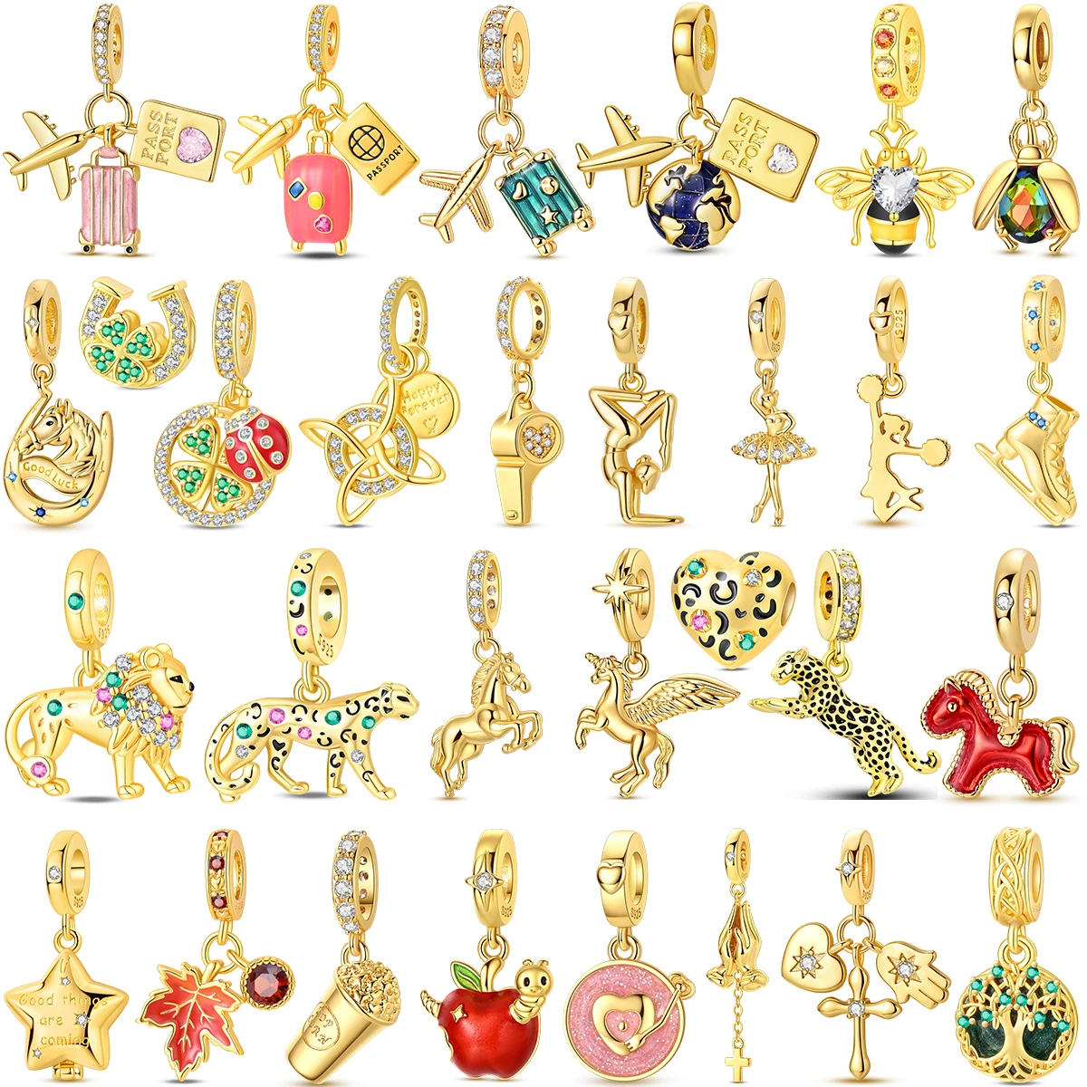 

Original Golden Charms Beads 925 Silver Football Apple Horse Plane Sun Moon Dancing Beetle Pendant Fit Bracelet DIY Jewelry Gift