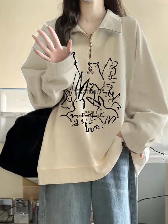 

Women's Fleece Lined Zip up Neck Sweatshirt Vintage Hong Kong Style Half Zipper Trendy Oversize Versatile Turn Collar Ja...