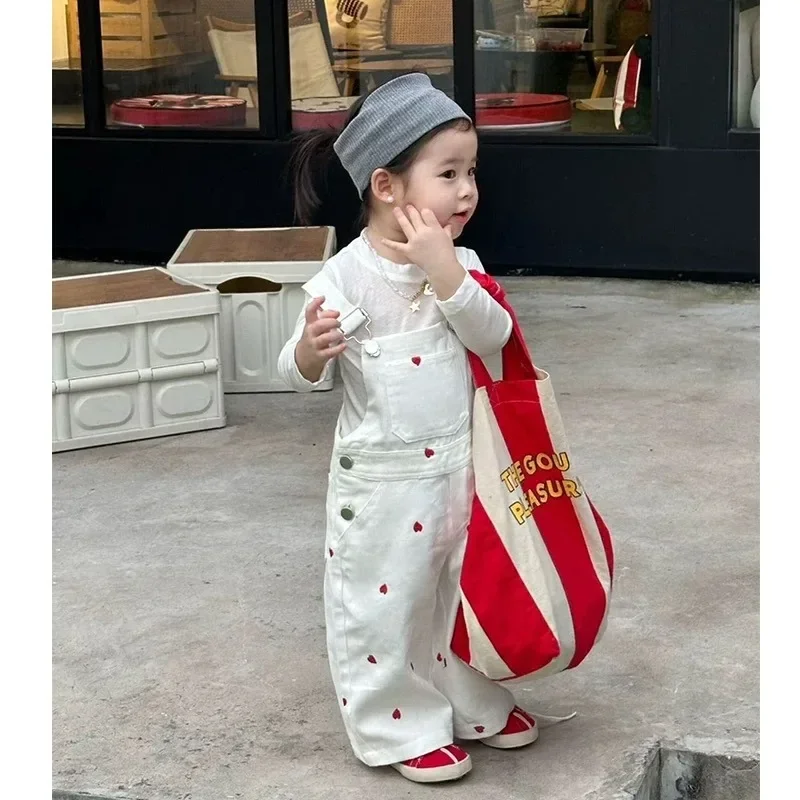Korea Kids Jumpsuit for Girls Cute Red Heart Pattern Overalls Toddler Girl Kawaii Suspender Trousers Pants 80-130cm