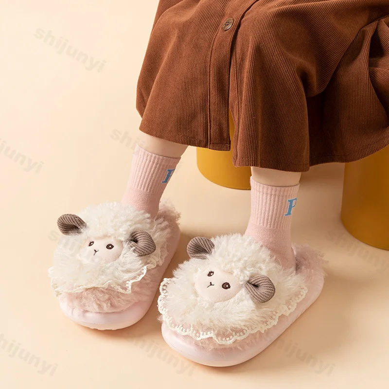 

Winter Children Plush Slippers 2025 Cute Cartoon Soft Sole Non-slip Warm Baby Girls Indoor Cotton Shoes Lamb Home Slippers