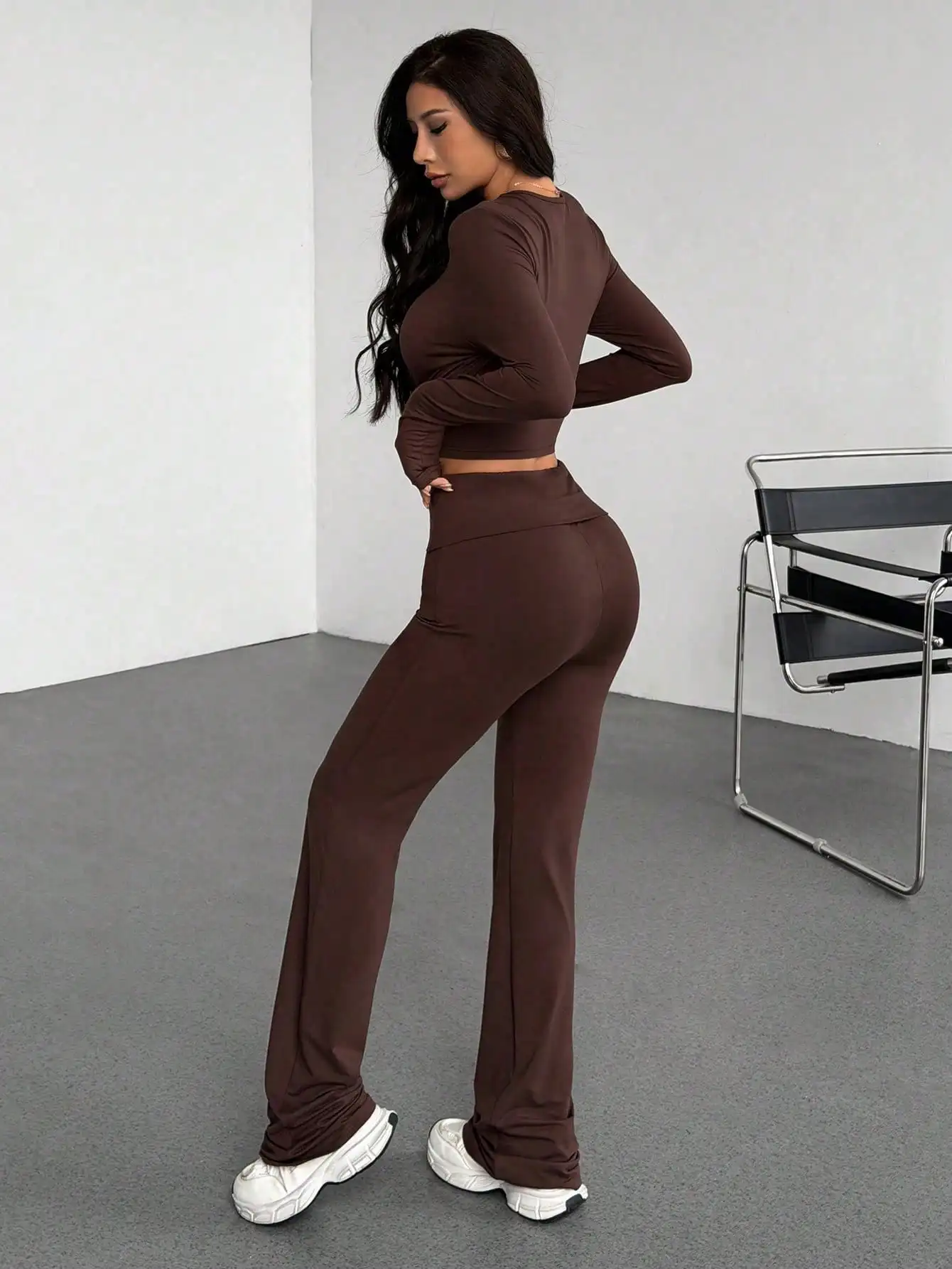 브라운 여성용 2피스 긴팔 크롭탑 & 하이웨이스트 팬츠 세트, 데일리 캐주얼 스트리트웨어, 가을