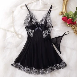 Contrast Lace Ruffle Trim Lingerie Sets Deep V Slip Babydoll Dress & Thong Women's Sexy Lingerie Erotic Underwear