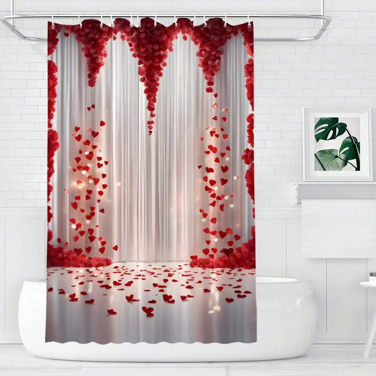 1pc Valentine\'s Day Rose-Falling-Heart Shower Curtain, Lightweight And Mold-Resistant, Suitable For Bathroom/Vanity