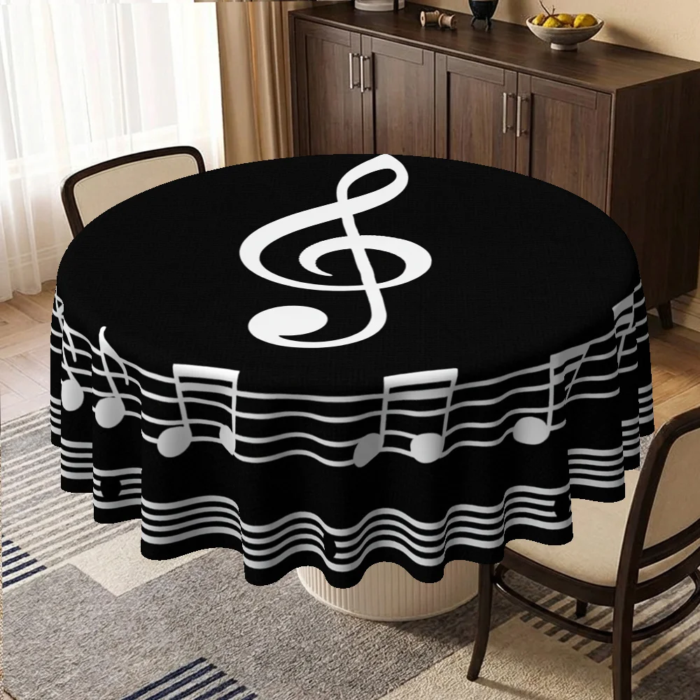 Circular music-themed tablecloth with musical symbol patterns, suitable for birthdays, weddings, and anniversariesxzj