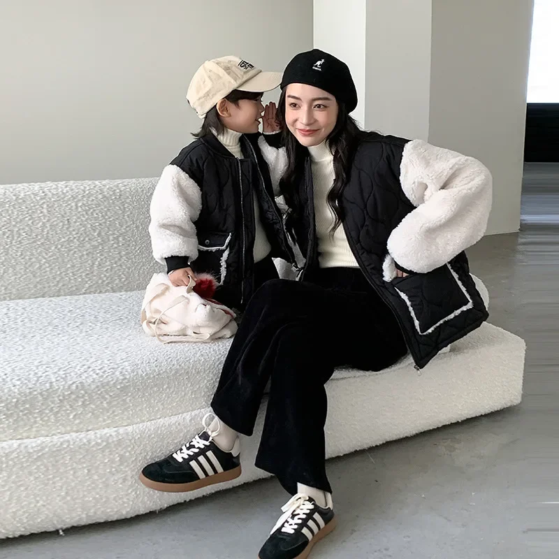 

Winter Mom and Me Warm Fleece Coat Mother and Children's Quilted Jacket Korean Fashion Mommy and Daughter Son Matching Clothes