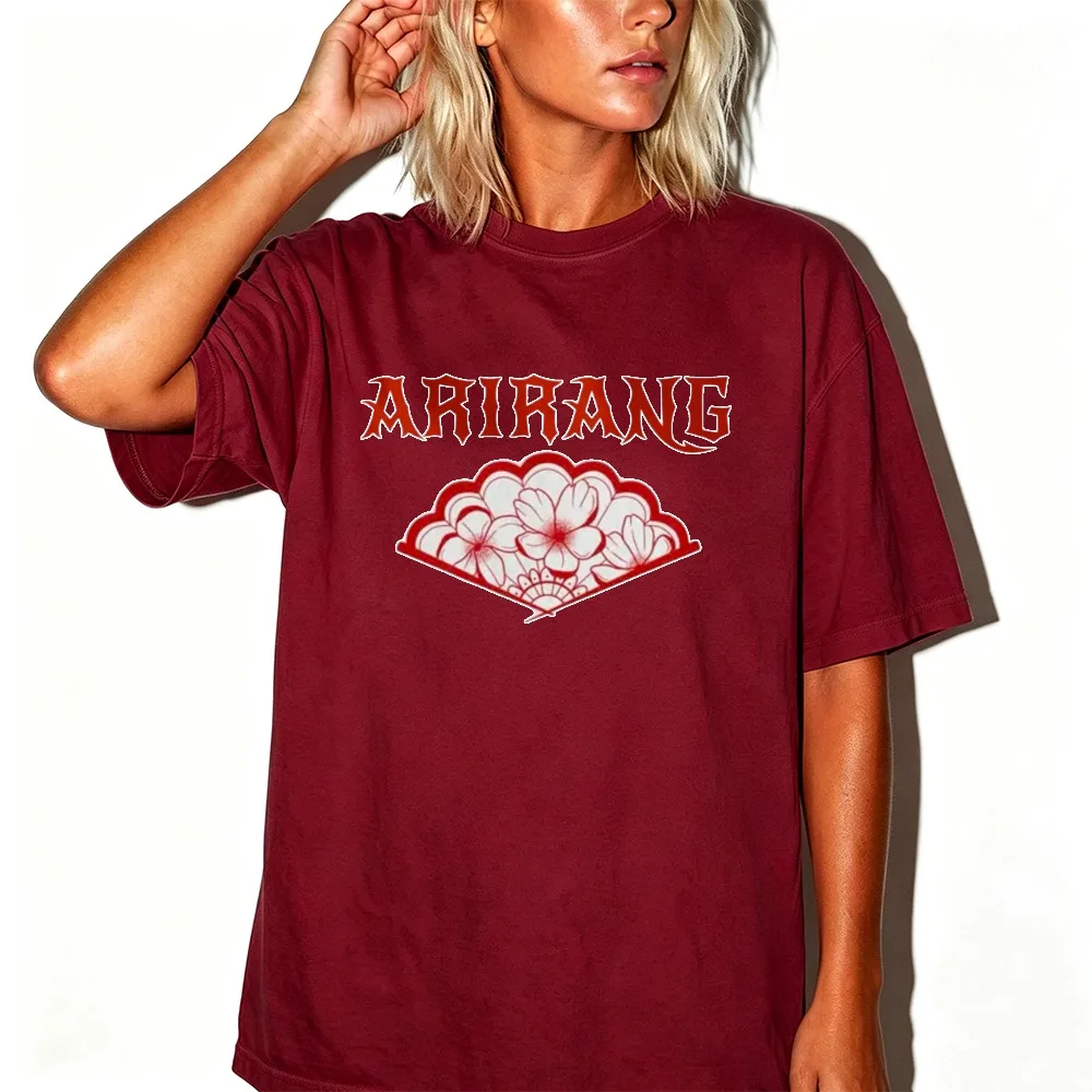 ARIRANG Gothic Font with Cherry Blossom Folding Fan Print Men Women Cotton T Shirt Korean Traditional Folk Culture Casual Tops