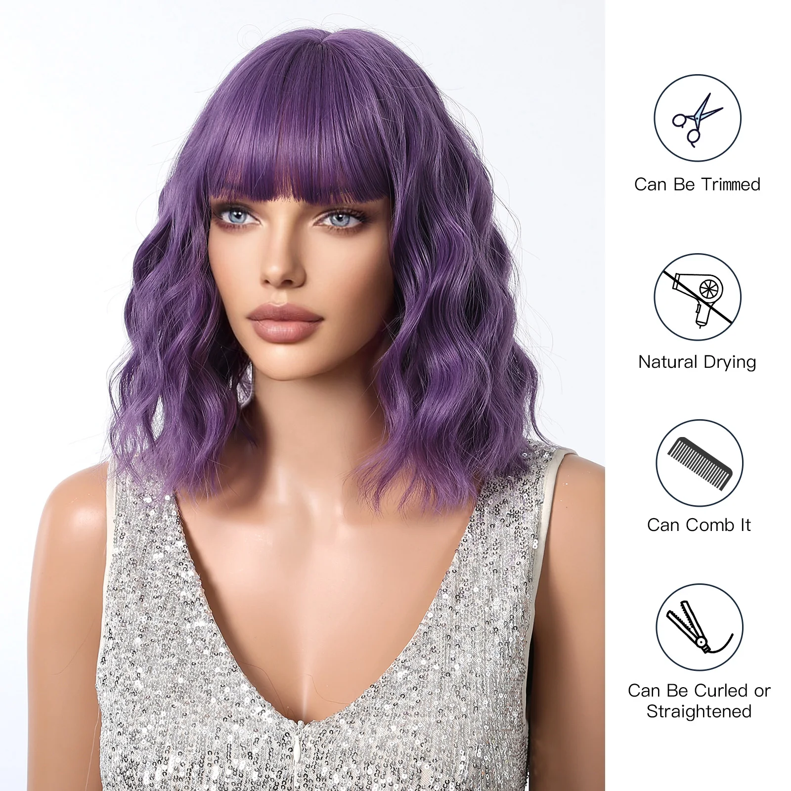 لويس فيري-شعر مستعار اصطناعي أرجواني مموج قصير للنساء ، شعر طبيعي ، شعر مستعار تأثيري مع الانفجارات ، ألياف مقاومة للحرارة ، حفلات يومية