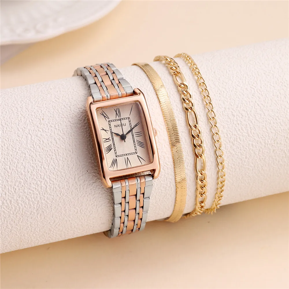 2pcs/set fashion elegant rectangle dial steel women quartz watch