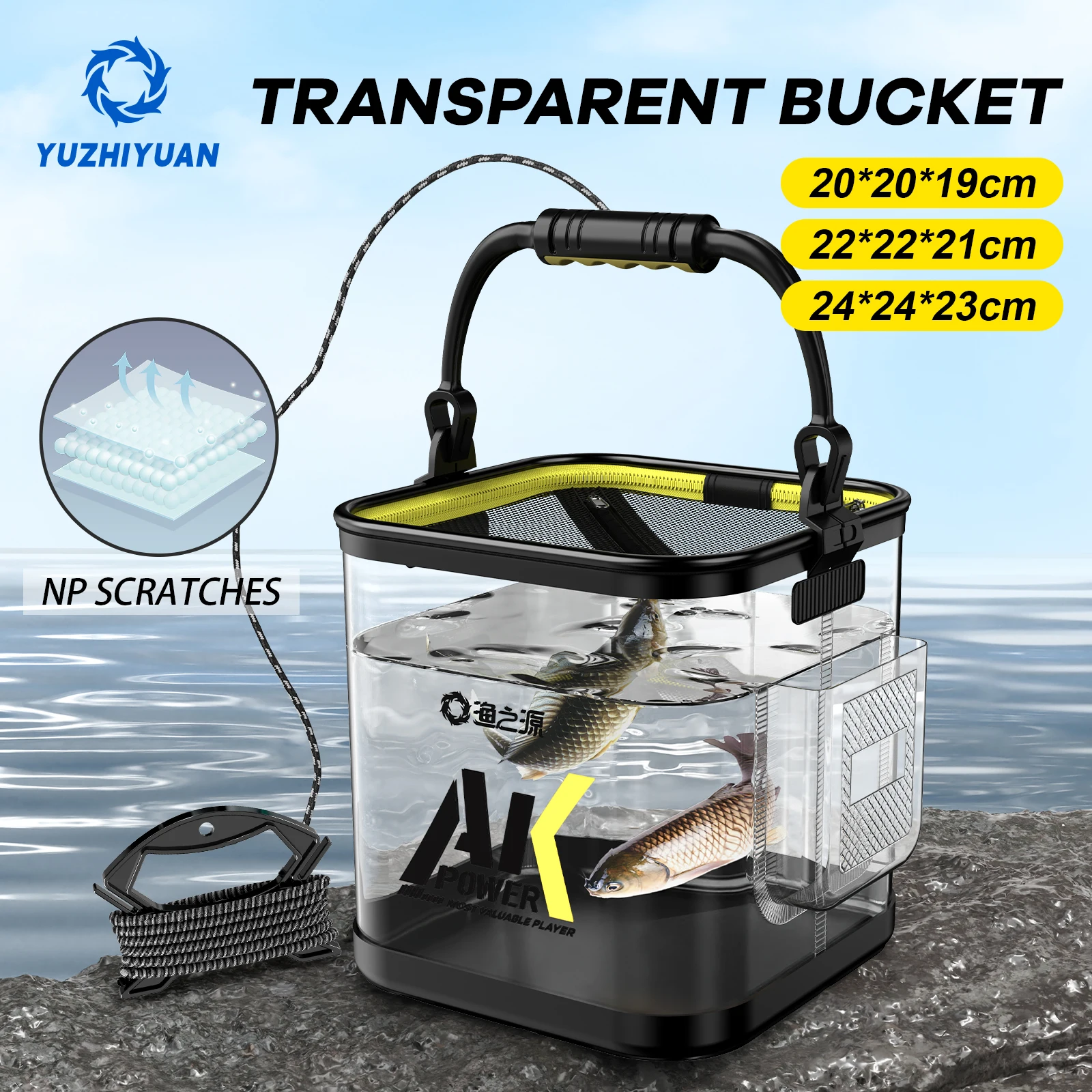 Yuzhiyan balde de pesca transparente dobrável multifuncional recipiente de peixes vivos balde de proteção de peixes
