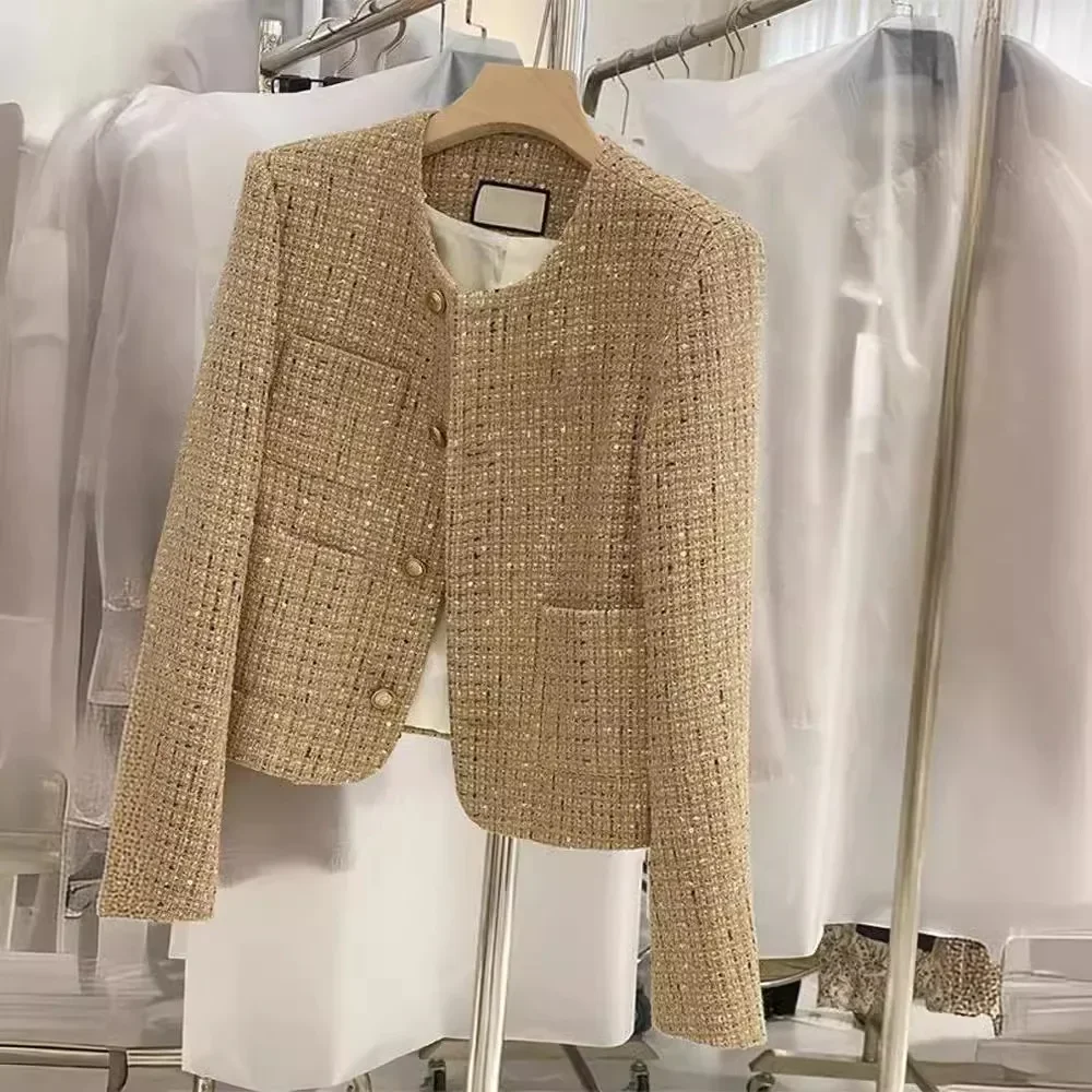 2025 Autunno elegante giacche corte per le donne O collo cappotto corto femminile solido coreano dorato francese tweed lana giacche da donna